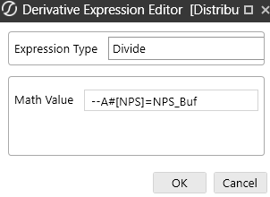 The Derivative Expression Editor displays. The Express Type Divide is selected and the Math Value field is set to , --A#[NPS]=NPS_Buf.